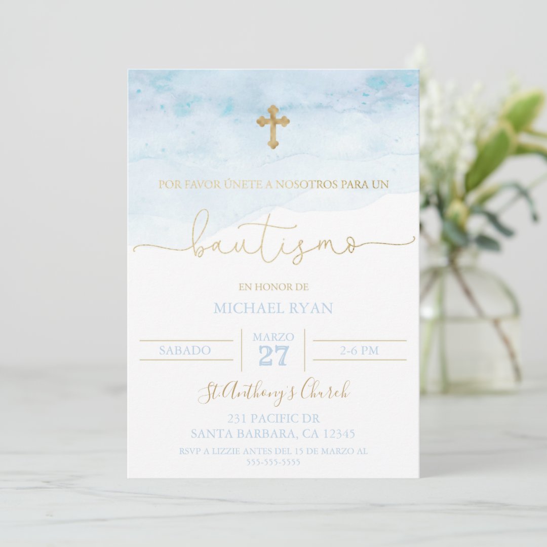 Invitación de bautismo azul y dorada para bebé invitation | Zazzle