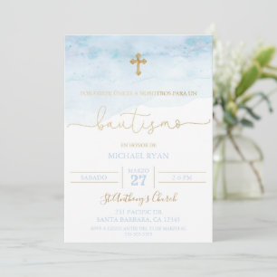 Invitación de bautismo azul y dorada para bebé invitation