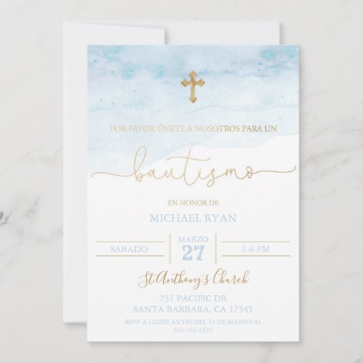 Invitación de bautismo azul y dorada para bebé invitation | Zazzle