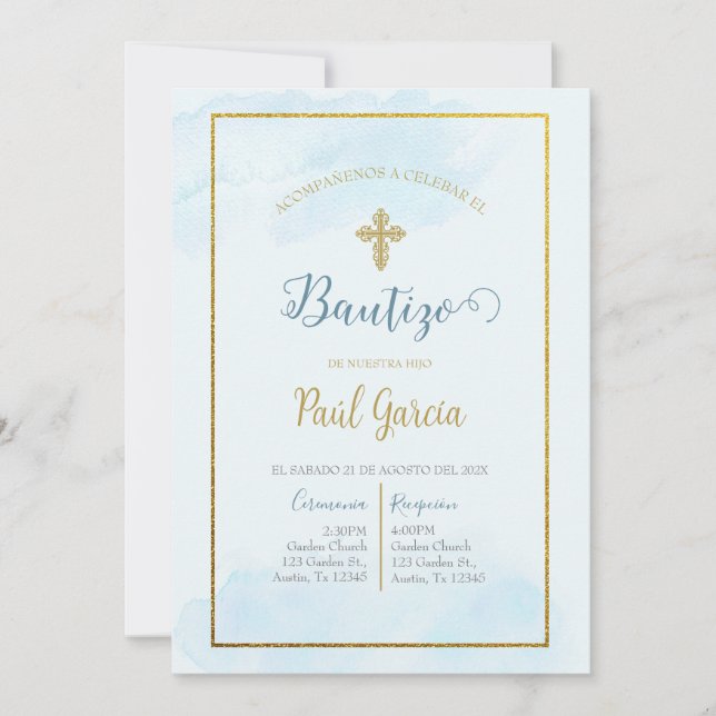 Invitación de bautismo color azul en español invitation (Front)