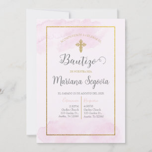 Invitación de bautismo color rosa en español invitation