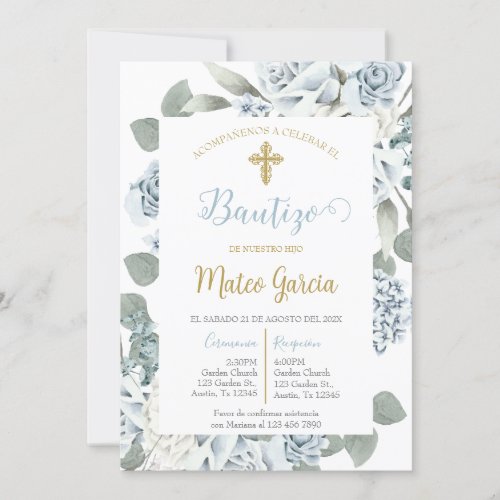 Invitacin de bautismo floral azul en espaol invitation