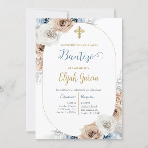 Invitacin de bautismo floral azul  invitation