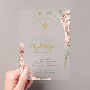 Invitación de bautismo floral rosa en español acrylic invitations
