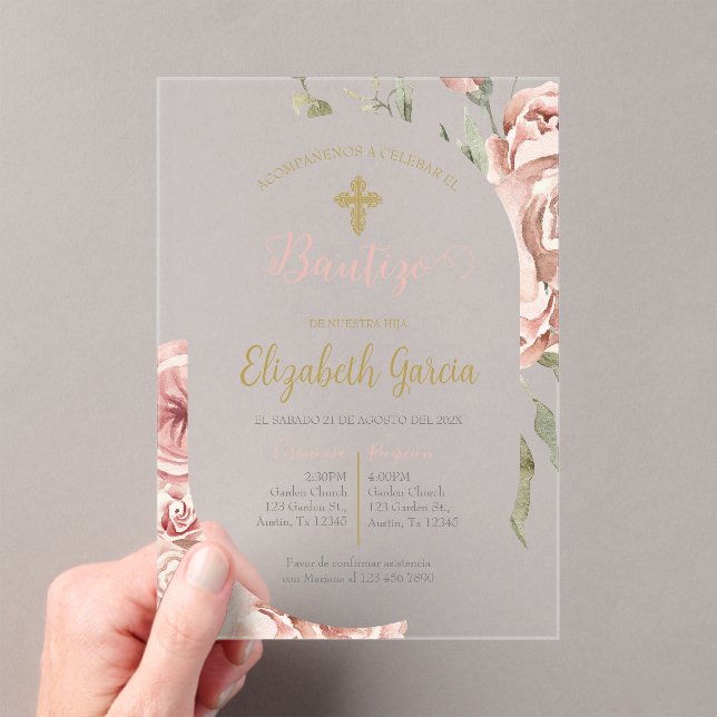 Invitación de bautismo floral rosa en español acrylic invitations (Insitu (Handheld))