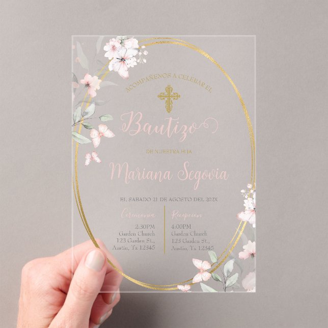 Invitación de bautismo floral rosa en español acrylic invitations (Insitu (Handheld))