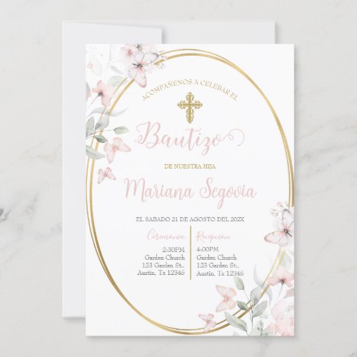 Invitacin de bautismo floral rosa en espaol invitation