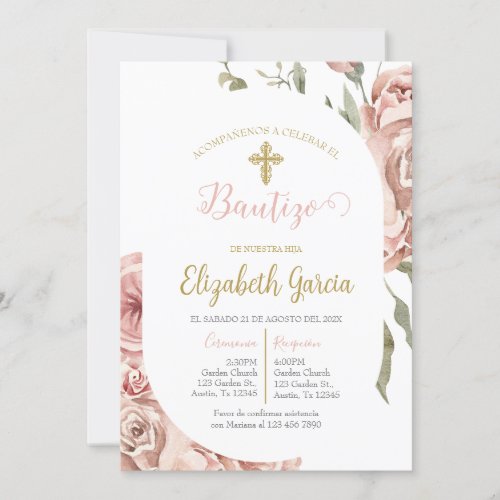 Invitacin de bautismo floral rosa en espaol invitation