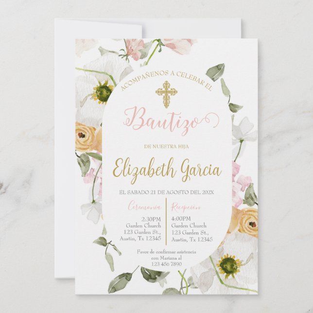 Invitación de bautismo floral rosa en español invitation (Front)