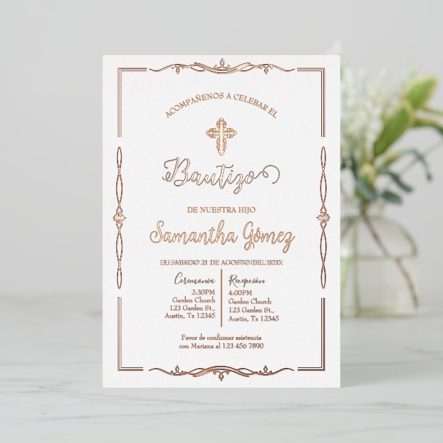 Invitación de bautismo para niña foil invitation (Standing Front)