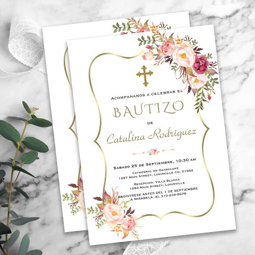 Invitacion De Bautizo Con Flores Gold Girl Baptism Invitation