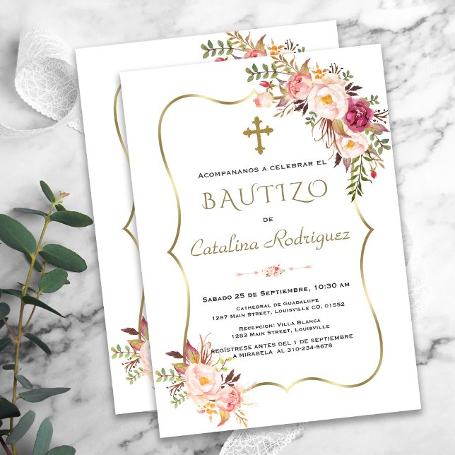 Invitacion De Bautizo Con Flores Gold Girl Baptism Invitation (bautizo pink flowers invitation elegant trendy modern)