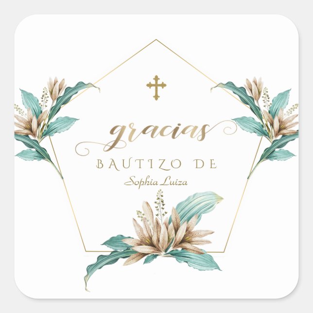 Invitacion De Bautizo Con Flores Gold Ivory Lily Square Sticker (Front)