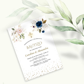 Invitacion De Bautizo Con Flores Twins Baptism Invitation