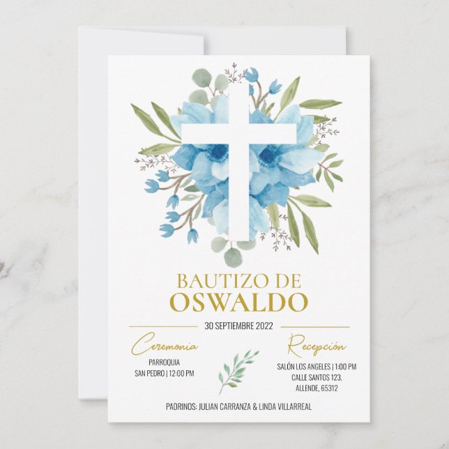 Invitación de bautizo flores azul y verde invitation (Front)