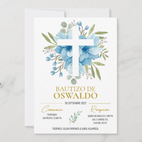 Invitacin de bautizo flores azul y verde invitation