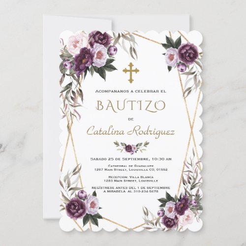 Invitacion De Bautizo Purple Flowers Gold Girl Invitation