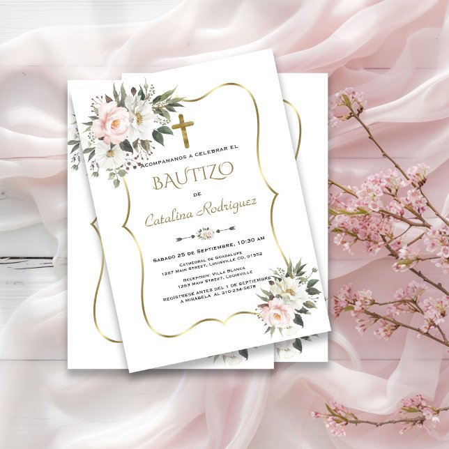 Invitacion De Bautizo White Flores Gold Baptism  Invitation (Creator Uploaded)