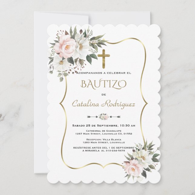 Invitacion De Bautizo White Flores Gold Baptism  Invitation (Front)