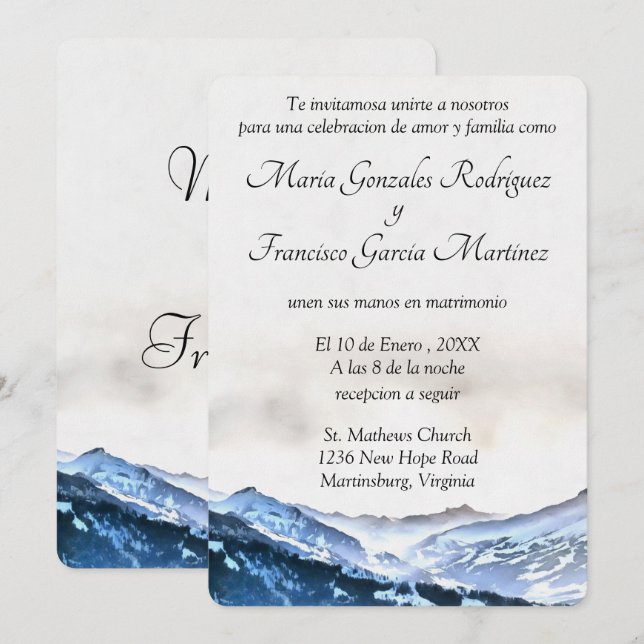 Invitacion de Boda Acuarela Montaña Brumosa Azul Invitation (Front/Back)