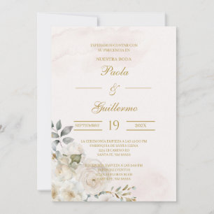 Invitación de boda beige con flor blanca  invitation