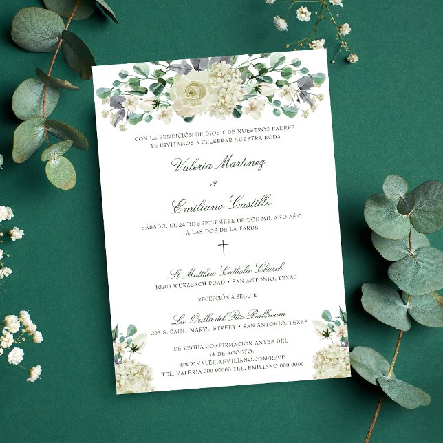 Invitación de Boda Catolica Formal Wedding Invitation (Invitación de boda católica en español con flores blancas y vegetación.)