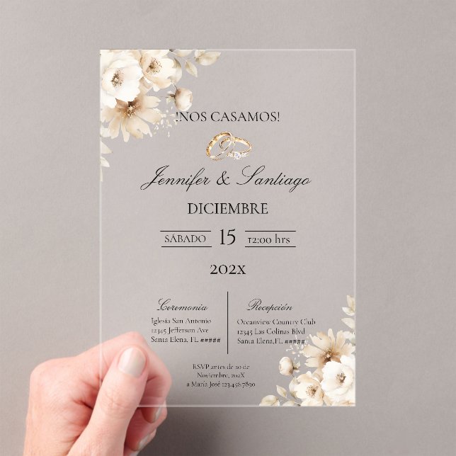 Invitación de boda con flor blanca acrylic invitations (Insitu (Handheld))