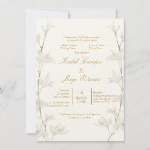 Invitación de boda con flor blanca color beige invitation