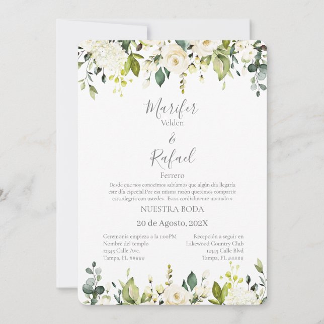 Invitación de boda con hojas verde y rosas blancas invitation (Front)