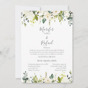 Invitación de boda con hojas verde y rosas blancas invitation