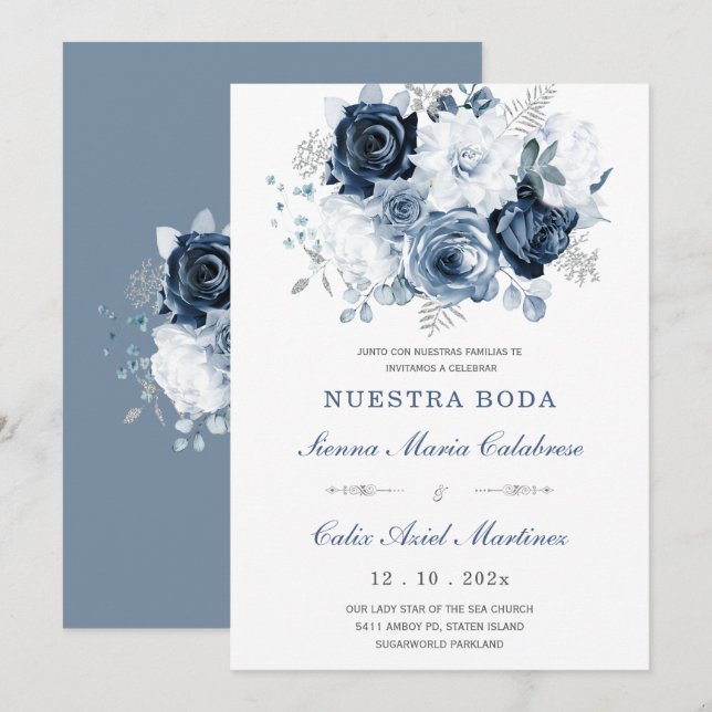 Invitación De Boda Elegante Con Rosas Azules Invitation (Front/Back)
