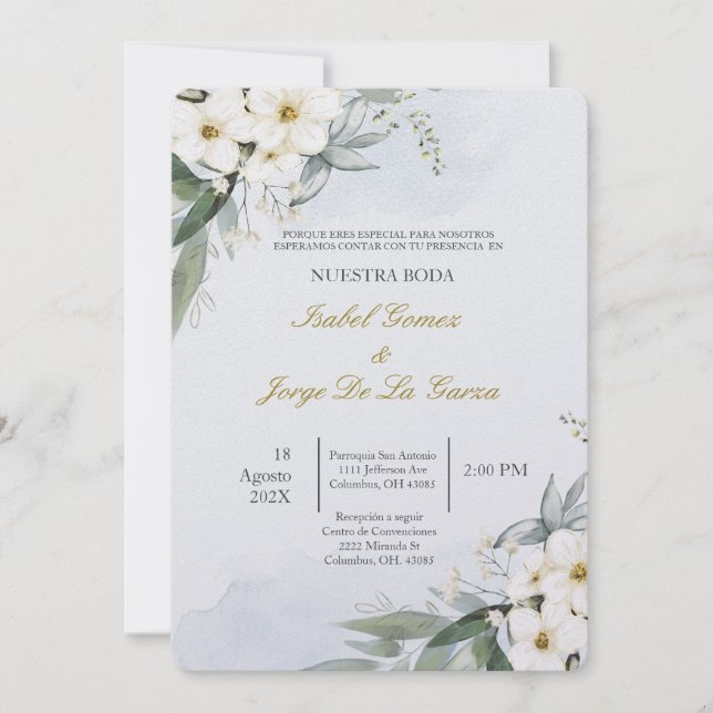 Invitacion de boda en espanol con flor blanca invitation (Front)