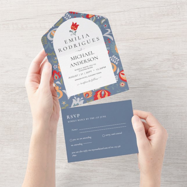 Invitación de Boda Español Inglés Rsvp FOLKART  All In One Invitation (Tearaway)