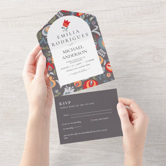 Invitación de Boda Español Inglés Rsvp FOLKART  All In One Invitation (Tearaway)
