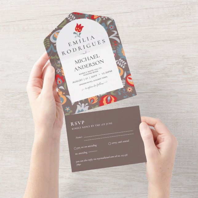Invitación de Boda Español Inglés Rsvp FOLKART  All In One Invitation (Tearaway)