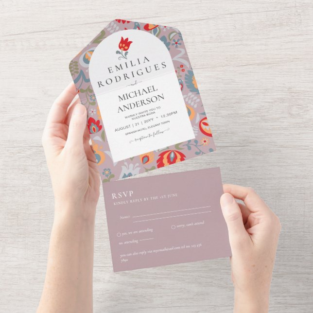 Invitación de Boda Español Inglés Rsvp FOLKART  All In One Invitation (Tearaway)
