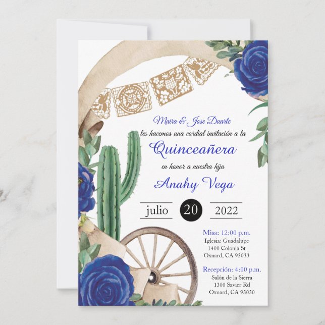 Invitación de Charro Huapango Quinceanera, Blue Invitation (Front)
