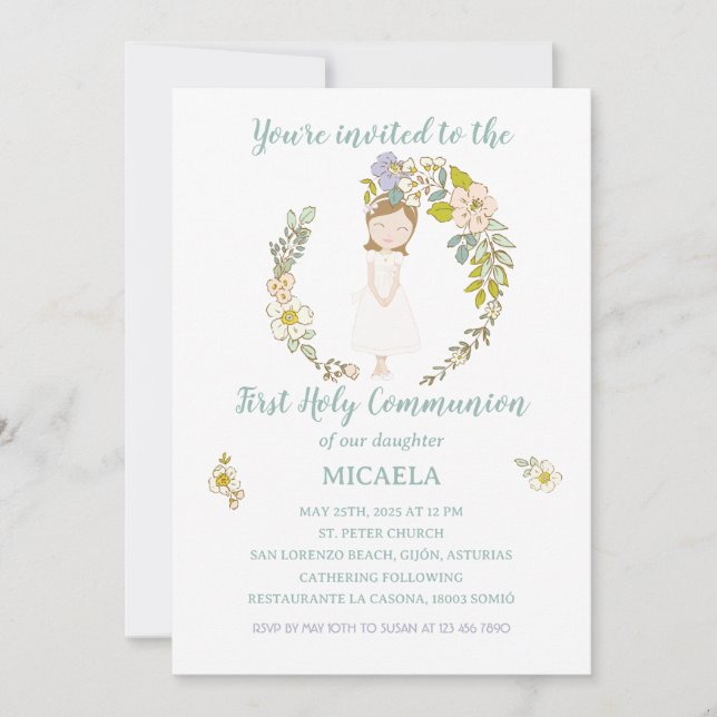 Invitación de Comunión MICAELA Invitation (Front)
