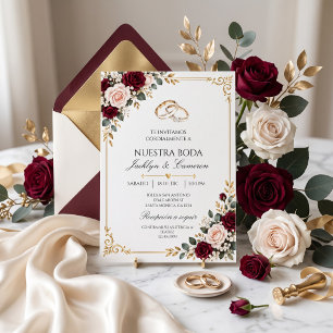 Invitación de flores borgoña rosa boda en español invitation