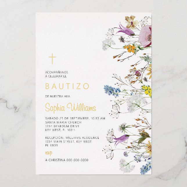 Invitación de Flores Silvestres para Bautizo Foil Invitation (Front)
