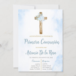 Invitación de primera comunión floral azul  invitation