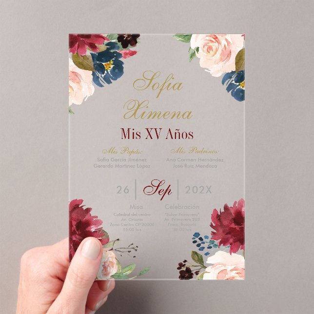 Invitación de quinceañera con marco rosa acrylic invitations (Insitu (Handheld))
