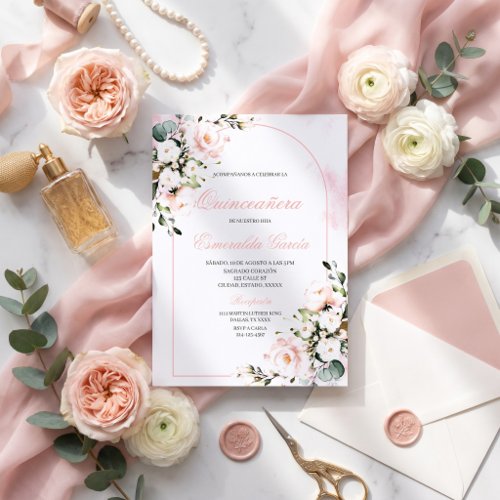 Invitación de Quinceañera Floral Rosa Acuarela Invitation