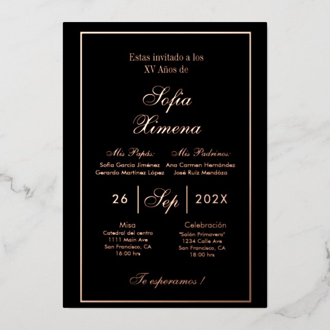 Invitación de quinceañera gold foil foil invitation (Front)