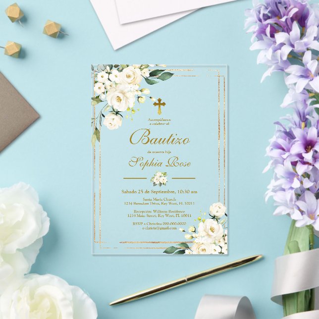 Invitación de Rosas Blancas para Bautizo Acrylic Invitations (Insitu (Wedding))