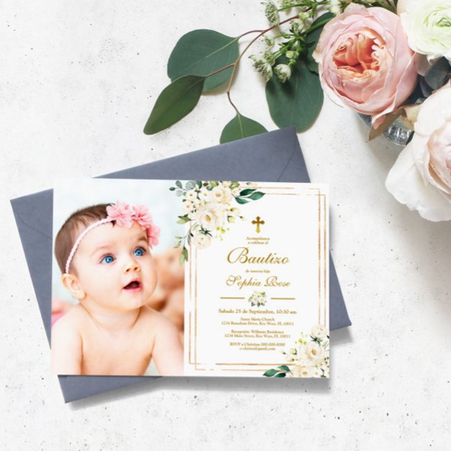 Invitación de Rosas Blancas para Bautizo Invitation (Creator Uploaded)