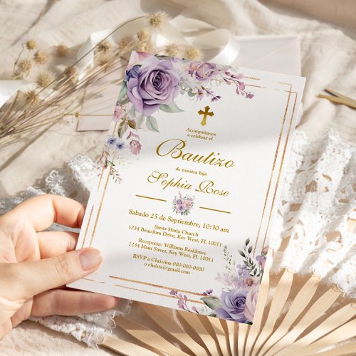 Invitacin de Rosas Moradas para Bautizo Invitation