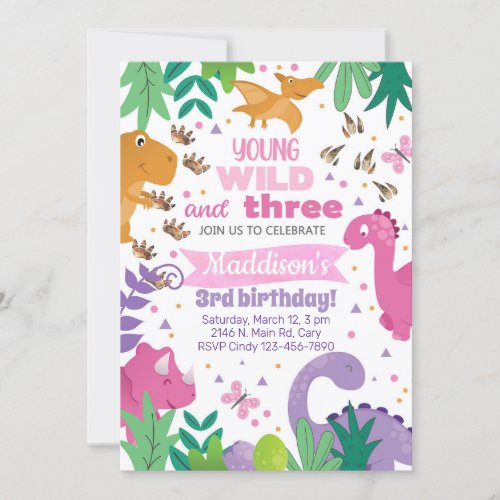 Invitacin Dinosaurs girl birthday invitation dino