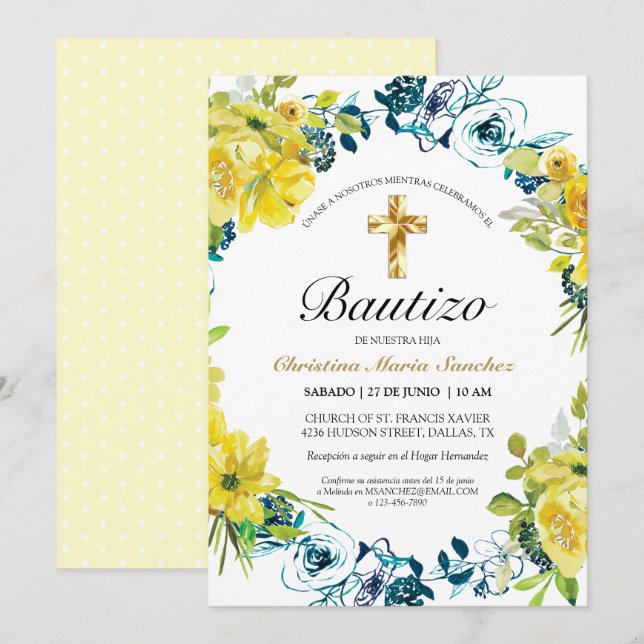 Invitación floral amarilla linda del bautismo  invitation (Front/Back)