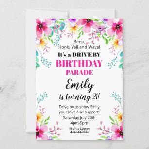Invitación Floral Birthday Drive By Parade Invitat Invitation